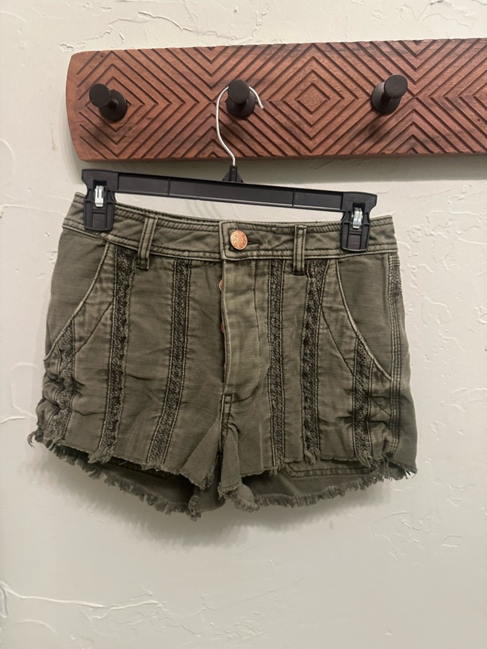 Free People Olive Green Distressed Frayed-Hem Jean Shorts